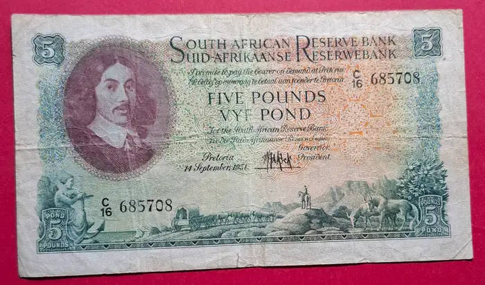 South Africa 5 Pounds, 14 September 1951, E/A, MH de Kock, Prefix C16, 2nd issue