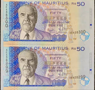 TWO 1999 MAURITIUS 50 RUPEES NOTES IN SEQUENCE AE438299 - AE438300
