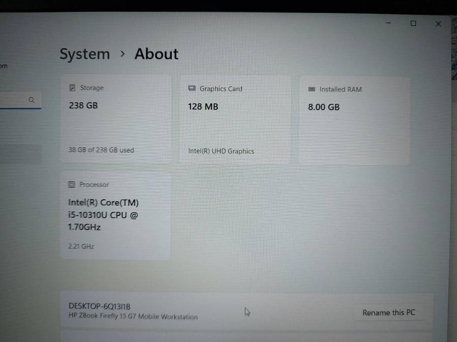 HP Zbook Firefly 15 G7 i5-10310U 1.7GHz 8GB Ram 256GB NVMe SSD