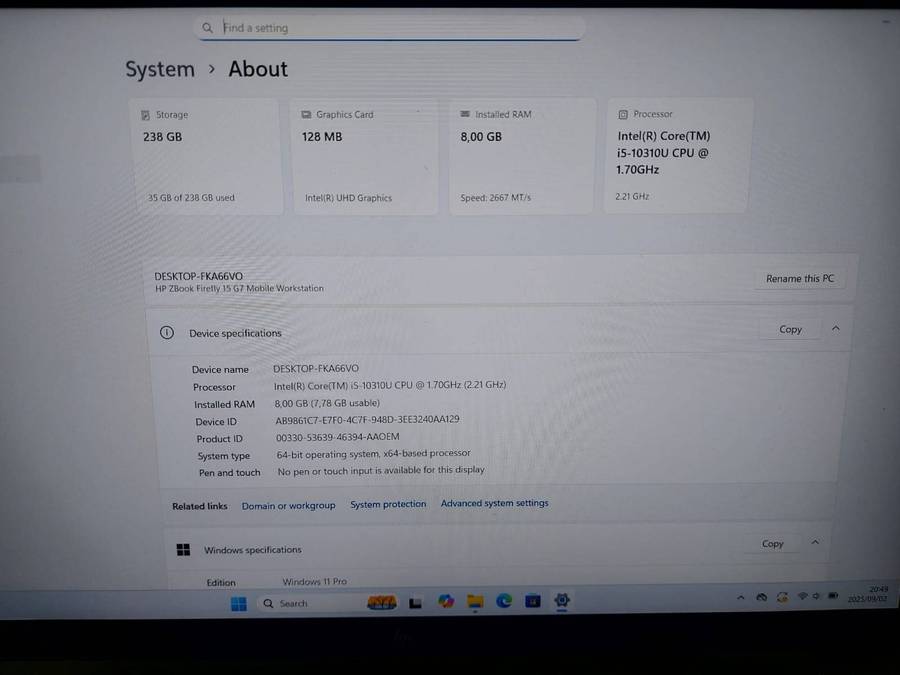 HP Zbook Firefly 15 G7 i5-10310U 1.7GHz 8GB Ram 256GB NVMe SSD