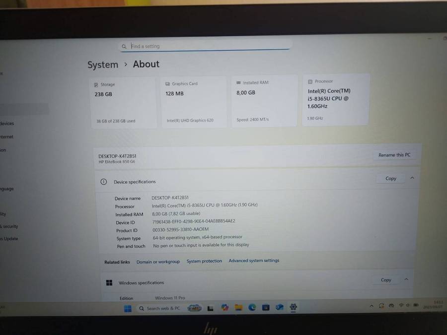 2019 HP EliteBook 850 G6 Core i5-8365U 1.60GHz 8GB Ram 256GB NVMe SSD