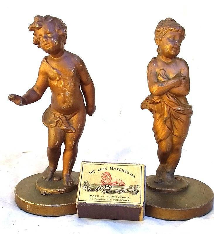 Antique rare pare of Mid to late 1800's Gold painted Cast Lead Cherub Paper Weights