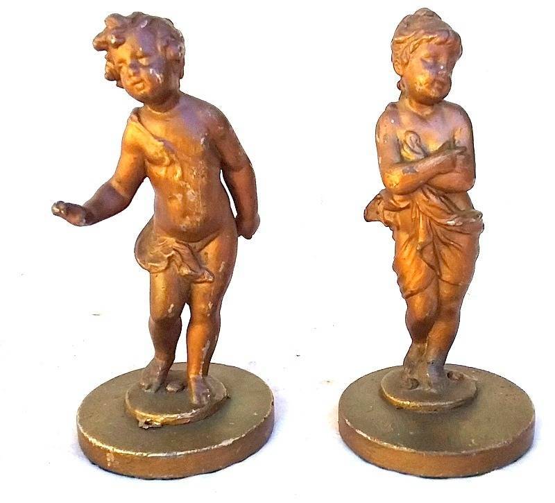 Antique rare pare of Mid to late 1800's Gold painted Cast Lead Cherub Paper Weights