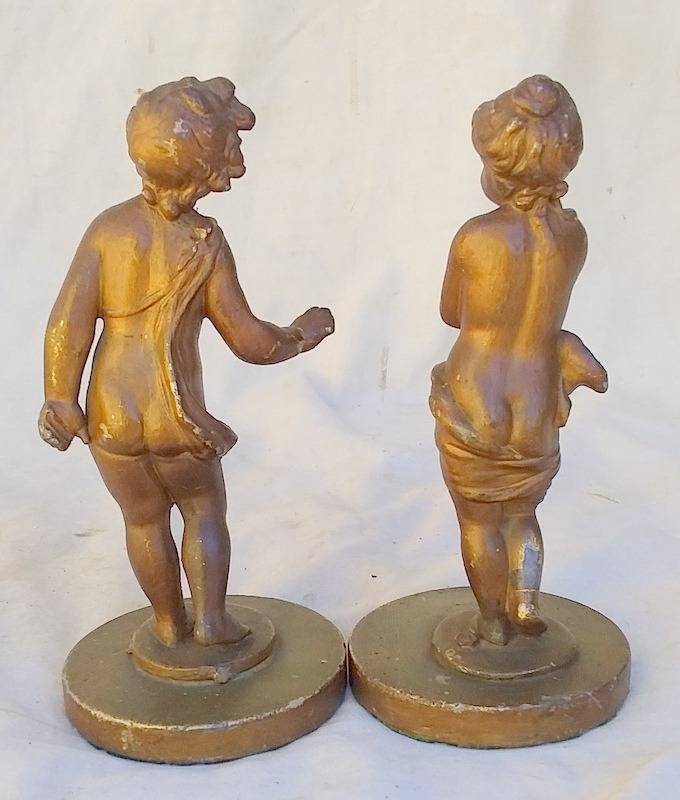 Antique rare pare of Mid to late 1800's Gold painted Cast Lead Cherub Paper Weights