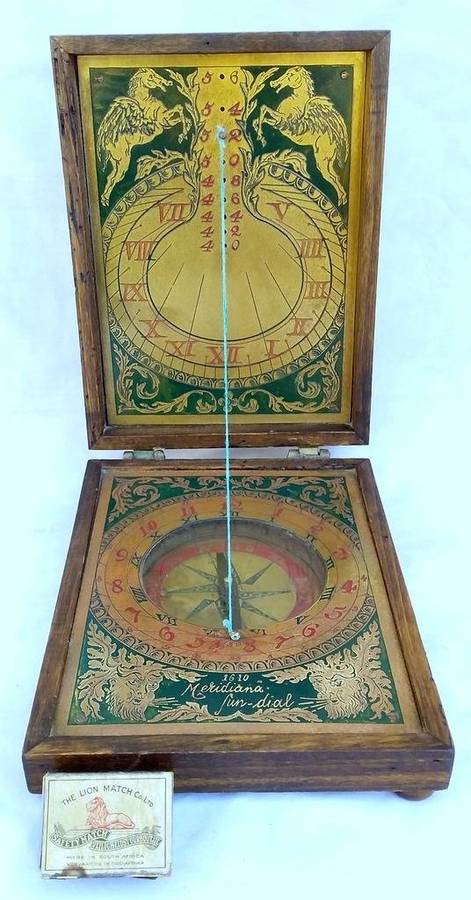 Vintage 1960's Enameled Brass and Wood Replica of a 1600's Sundial & compass