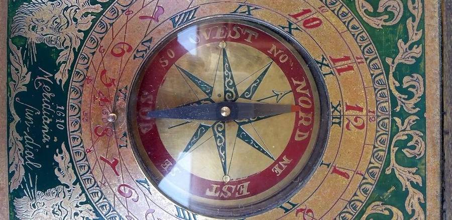 Vintage 1960's Enameled Brass and Wood Replica of a 1600's Sundial & compass