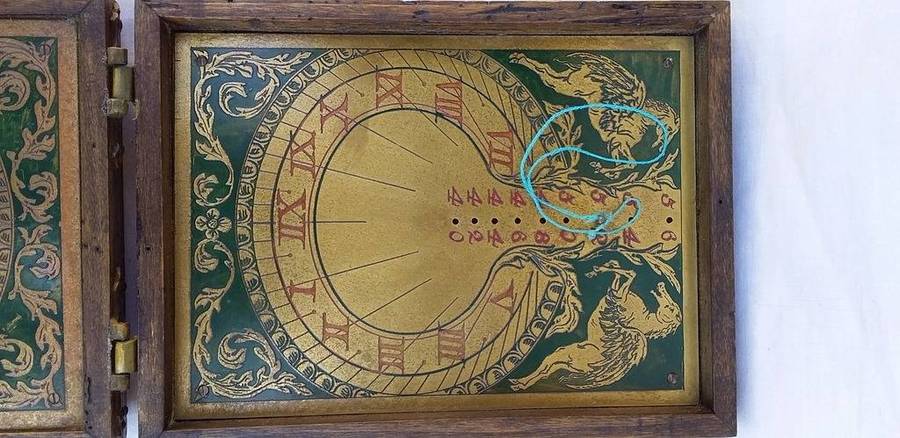 Vintage 1960's Enameled Brass and Wood Replica of a 1600's Sundial & compass