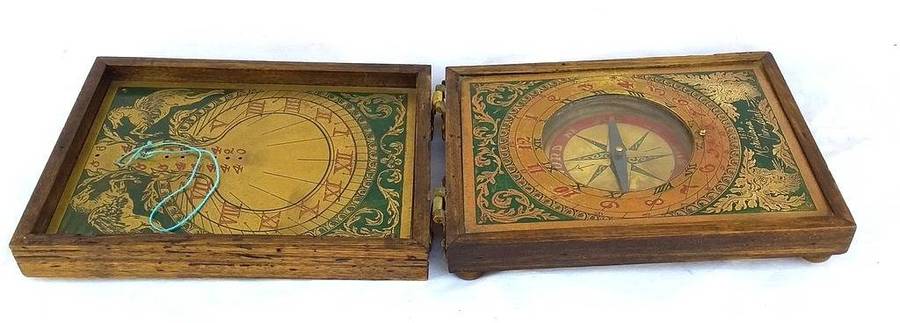 Vintage 1960's Enameled Brass and Wood Replica of a 1600's Sundial & compass