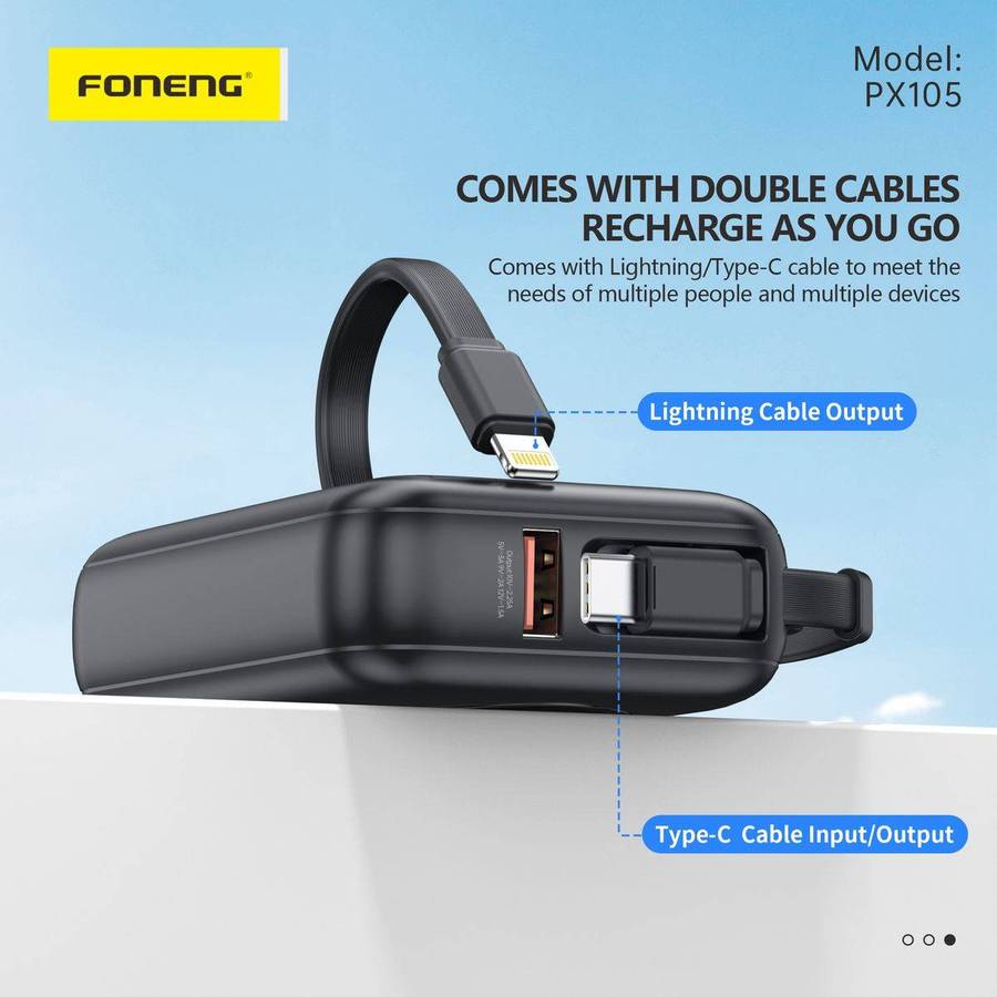 10,000 mAh 22.5W fast charging power bank with 2 built in cables
