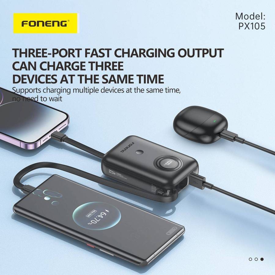 10,000 mAh 22.5W fast power bank with dual built in cables blue PX105
