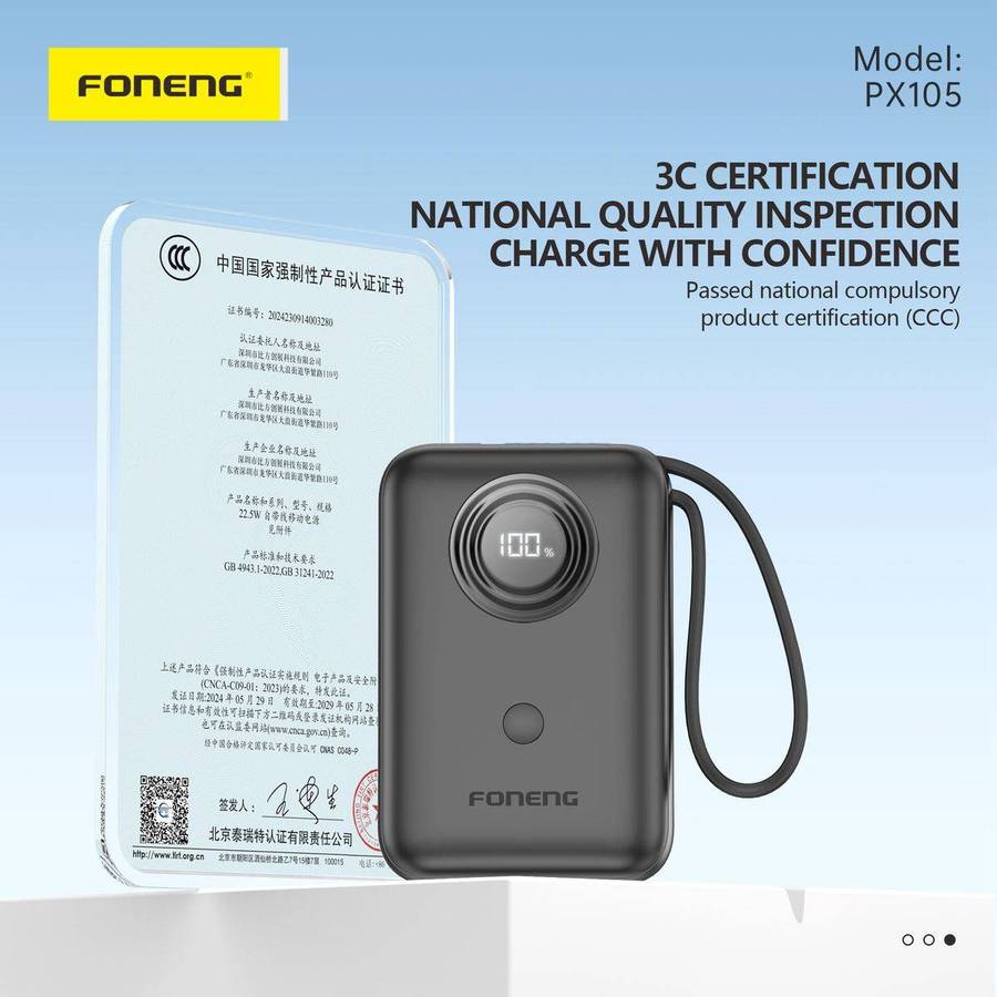 10,000 mAh 22.5W fast charging power bank with 2 built in cables