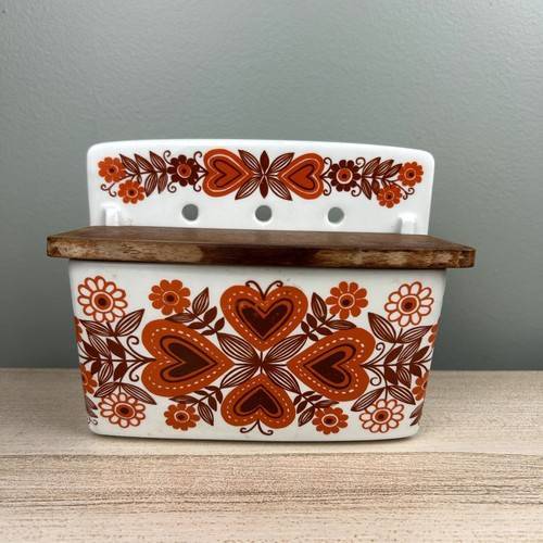 Vintage 70's Arabia Finland Sirpa Orange Brown Floral Hearts Salt Box Retro VTG