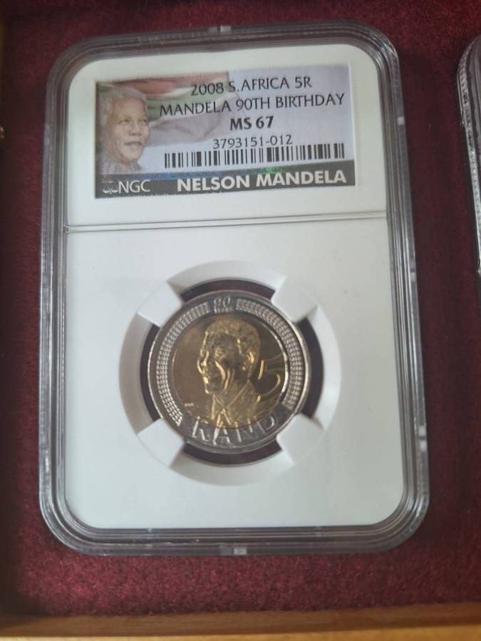 3 x 2008 RSA R5 - MANDELA 90th Birthday - NGC GRADED MS 65/66/673 x 2008 RSA R5 -  NELSON MANDELA
