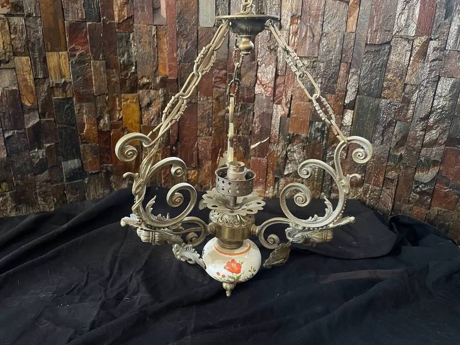 Antique French-Style Bronze Chandelier  Single Light, Medusa Heads, Porcelain Globe