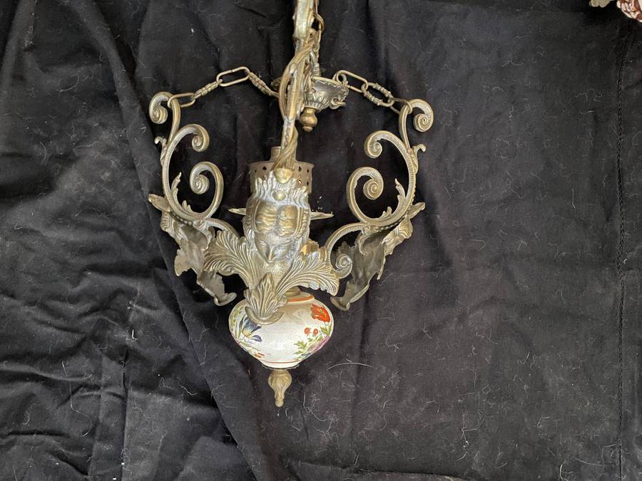 Antique French-Style Bronze Chandelier  Single Light, Medusa Heads, Porcelain Globe