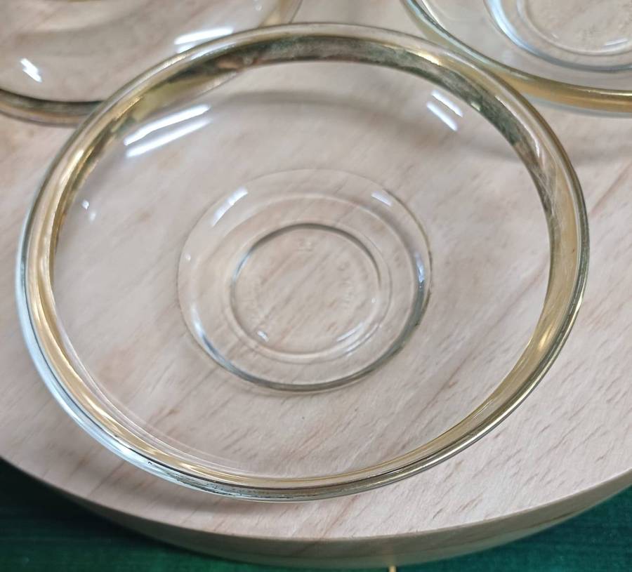 Set of 3 Vintage glass saucers with gold trim, possibly made by Pasabahce in the 1980s.