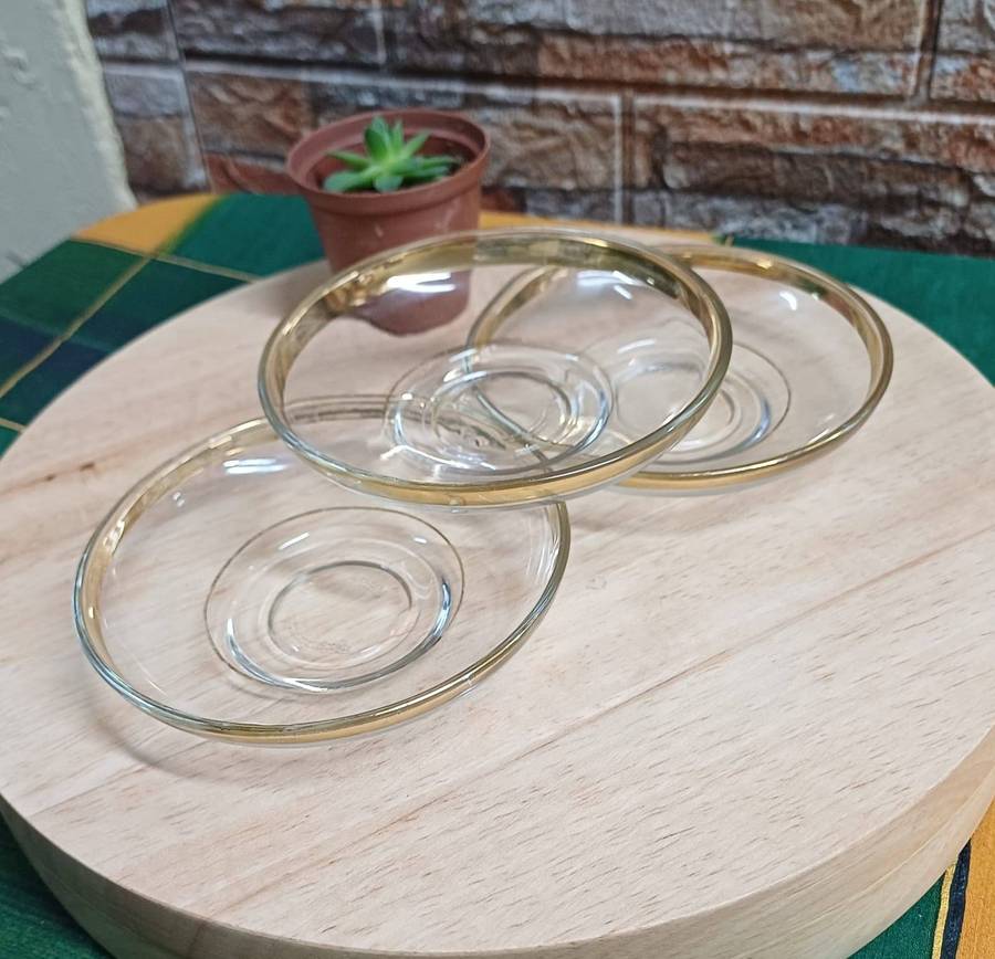 Set of 3 Vintage glass saucers with gold trim, possibly made by Pasabahce in the 1980s.