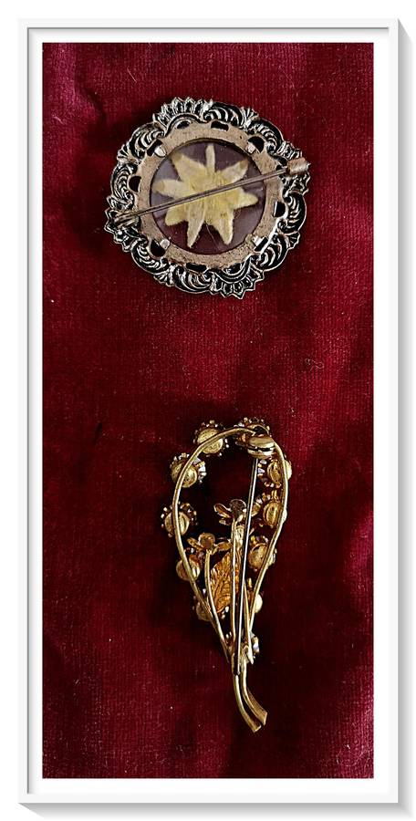Sewe Jaartjie Pressed Flower Vintage Brooch Plus Old Flower Themed Rhinestone Brooch ***