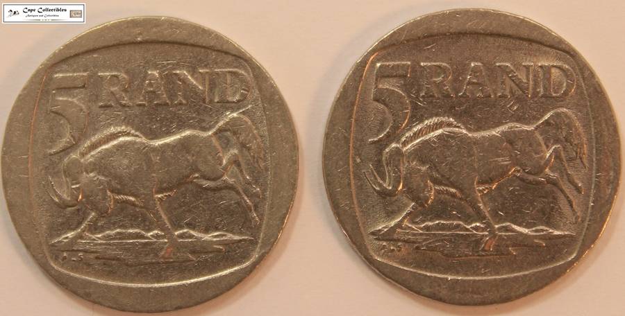 2 x South Africa 5 Rand Coins 1995 Wildebeest (Two Coins) Circulated.