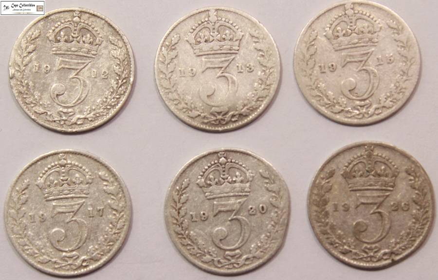 United Kingdom 3 Pence 1912/1913/1915/1917/1920/1926 Coins (Six Coins) Circulated