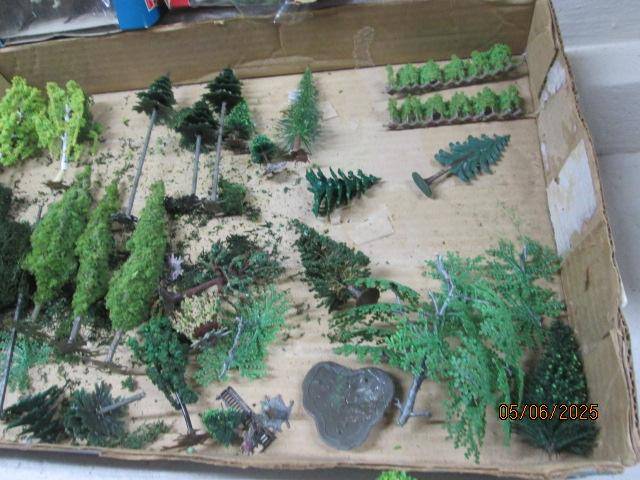 HO SCALE - VARIOUS TREES AND SCENERY MATERIAL (BEER BOX FULL)