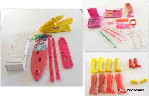 A Lot of vintage Barbie and Sindy accessories including a Baywatch Ski Runner and Sindy Snowboards