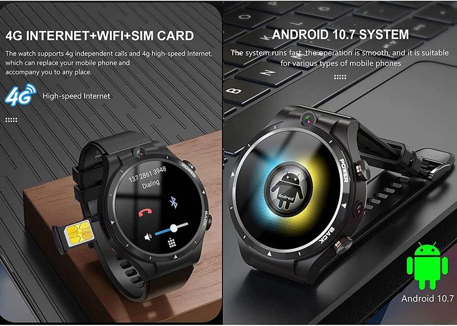 LEMFO Android 10.7 Fitness Smart Watch 1.61 Inch HD Touch Screen 4G+128G Memory 2MP+5MP Dual Camera