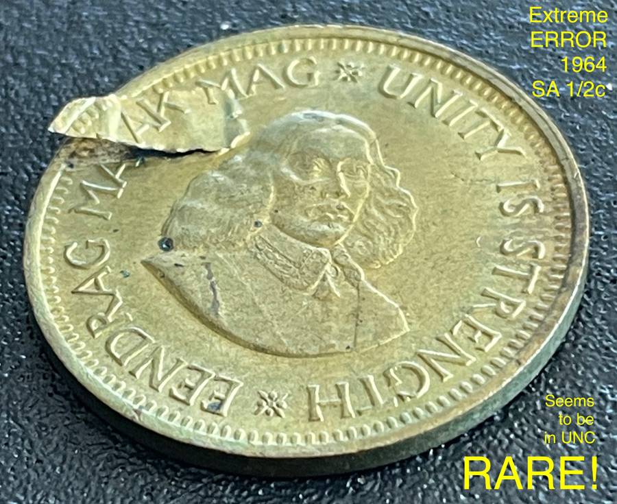 An extremely rare and visible error 1964 SA half cent. Seems to be in an UNC condition.