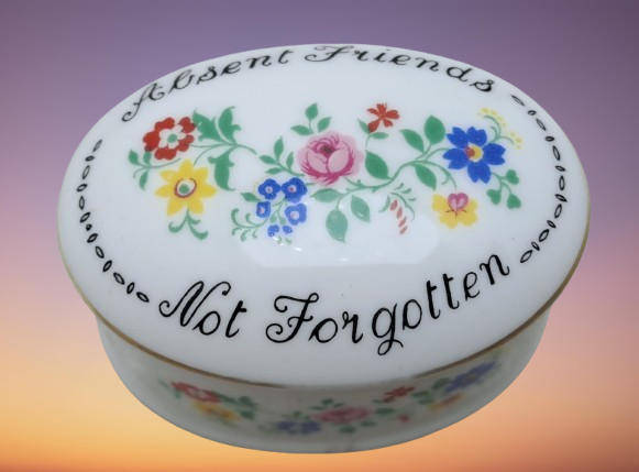 Small Vintage Crown Fine Bone China Not Forgotten Trinket Box with Lid Staffordshire England.