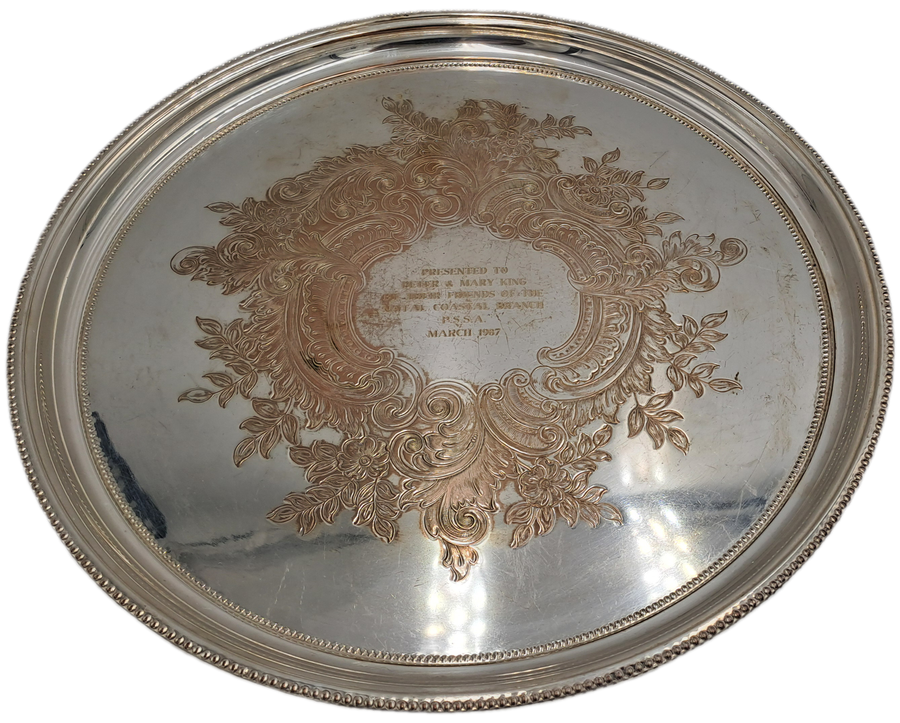 Vintage Silver Plated Tray 37cm in Diameter -Engraved - Presented by Natal Coastal P.S.S.A Branch...