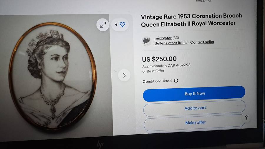 Vintage Rare 1953 Porcelain Coronation Brooch Queen Elizabeth II Royal Worcester England