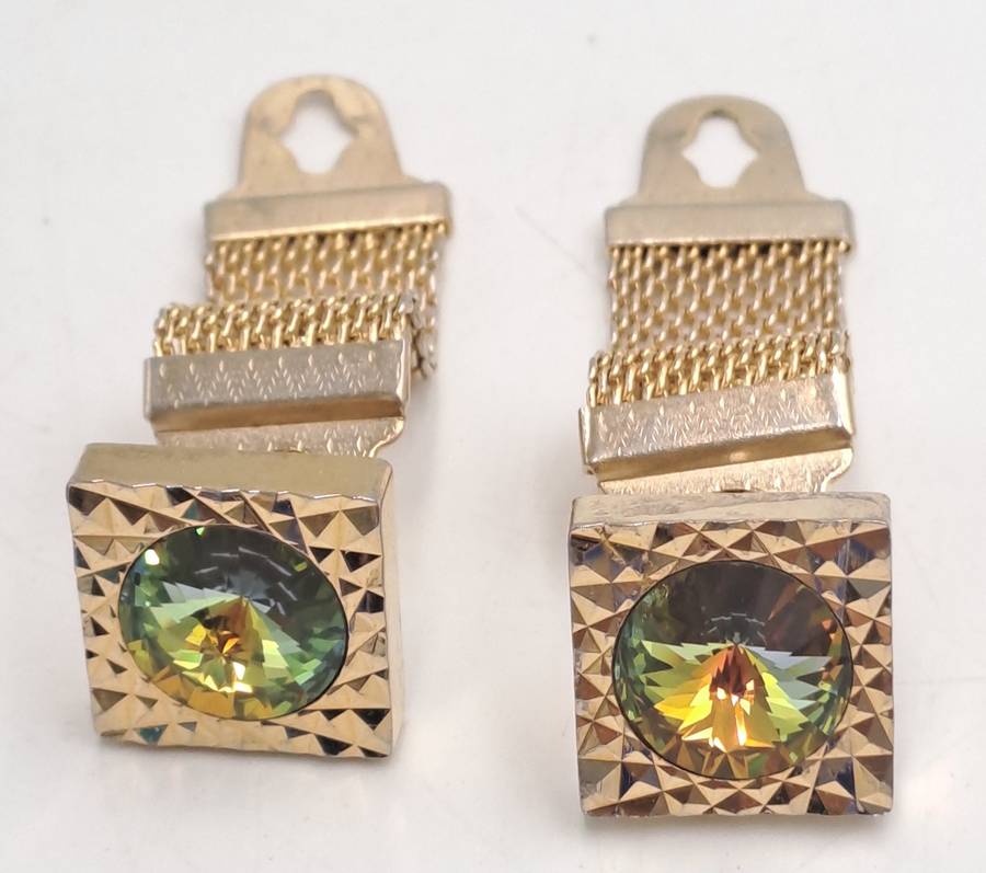 Vintage 1960 Gold tone Cufflinks with green accent crystals