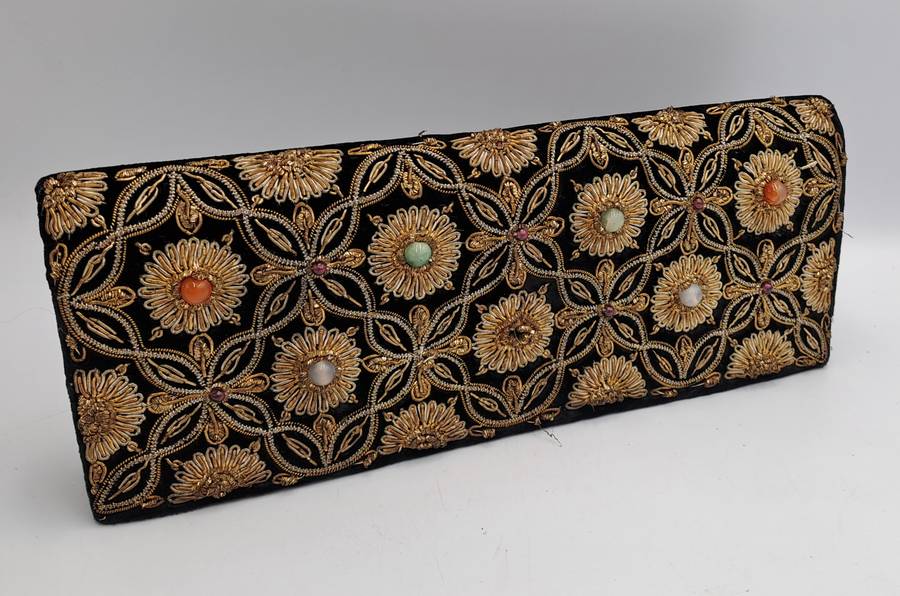 Womens Vintage Black Velvet & Satin Handcrafted Handbag with Stones and Copper Embroidery-India