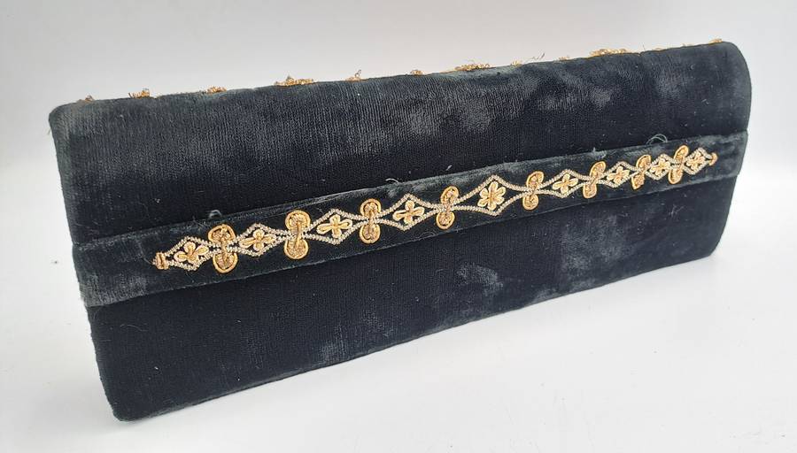 Womens Vintage Black Velvet & Satin Handcrafted Handbag with Stones and Copper Embroidery-India