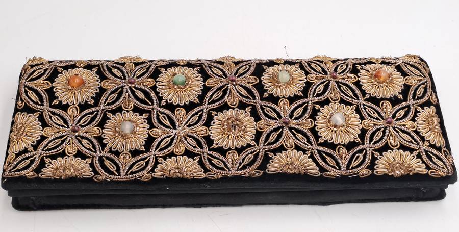 Womens Vintage Black Velvet & Satin Handcrafted Handbag with Stones and Copper Embroidery-India