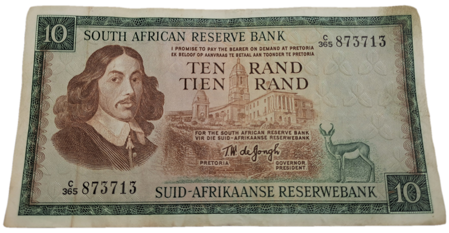 1975-1976 Ten Rand Note -T.W. de Jongh, Watermark van Riebeeck-English-Afrikaans -C/365 873713