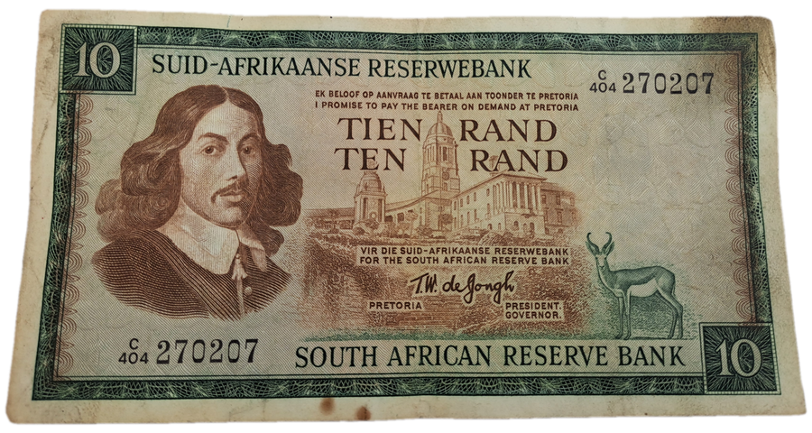 1975-1976 Ten Rand Note -T.W. de Jongh, Watermark van Riebeeck-Afrikaans-English -C/404 270207