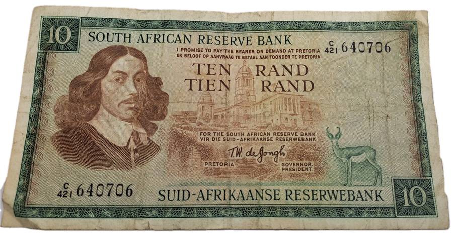 1975-1976 Ten Rand Note -T.W. de Jongh, Watermark van Riebeeck-English-Afrikaans -C/421 640706
