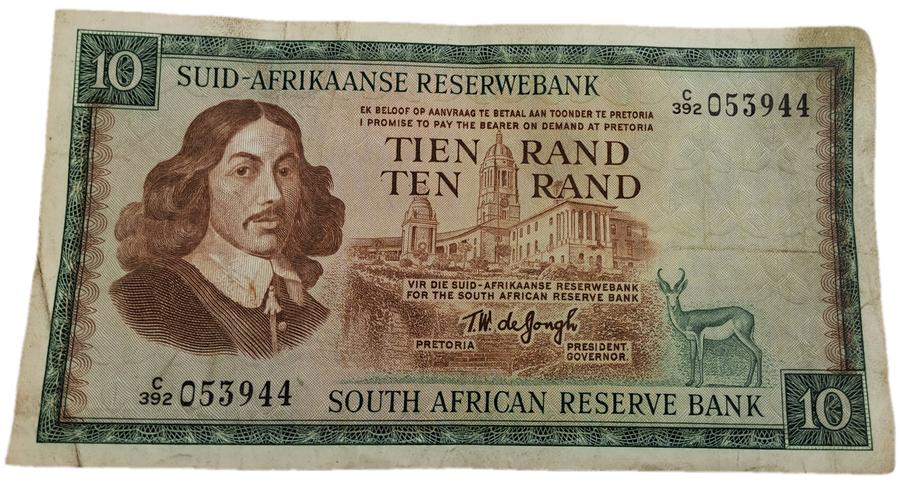 1975-1976 Ten Rand Note -T.W. de Jongh, Watermark van Riebeeck-Afrikaans-English -C/392 053944