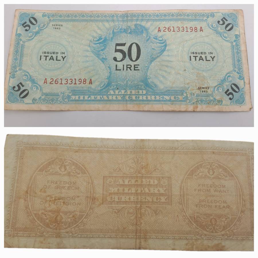 1943 Series  Italy 50 Lire Allied Military Currency Bank Note -Circulated