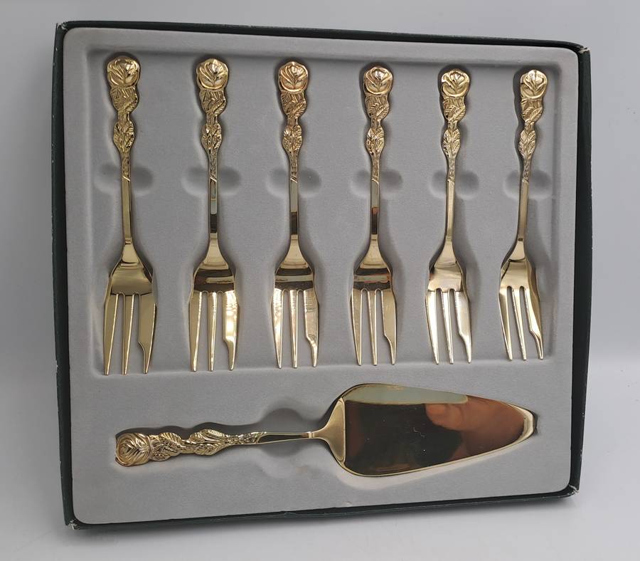 Vintage Gold plated Cake Forks with server -Boxed -Rose design