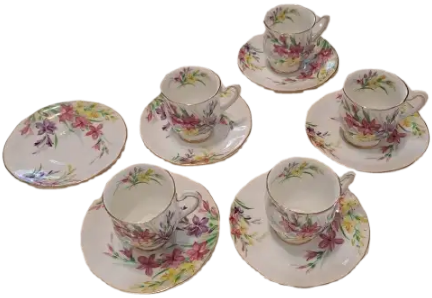 1950`s Royal Standard Garden Glory Demitasse 5 Cups ,6 Saucers (1 Cup chipped and 1 hairline Crack)
