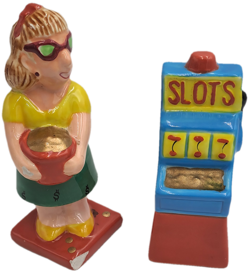 Vintage Omnibus OCI -Woman and Slot Machine Salt and Pepper Shakers -Made in the philippines