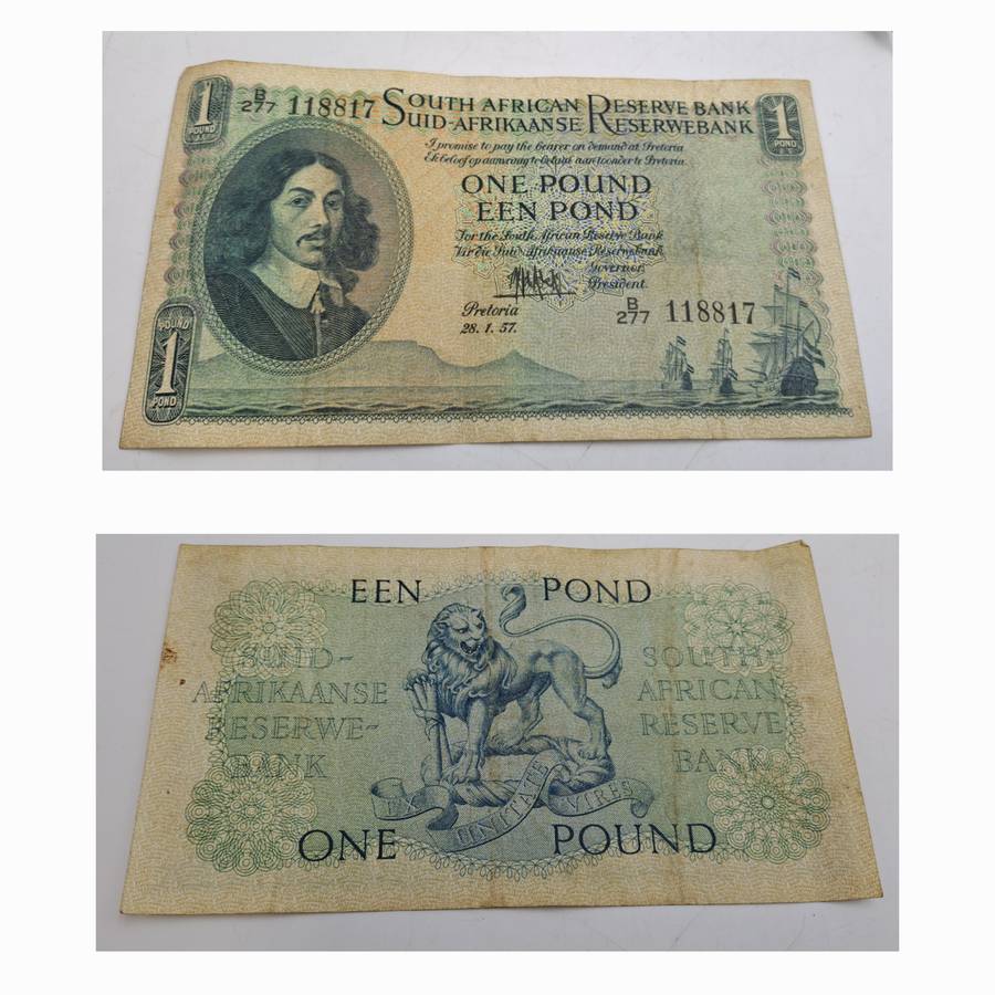 1957 South Africa  1 Pound Note -English-Afrikaans -M.H de Kock