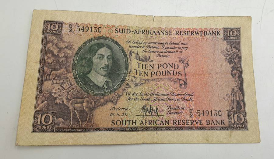 Rare!!! 1955 South Africa 10 Pounds Note Afrikaans-English-M.H de Kock