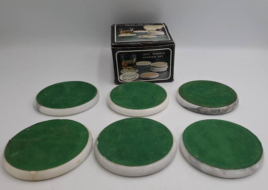 6 Vintage Marble Coasters -Boxed - One is cracked