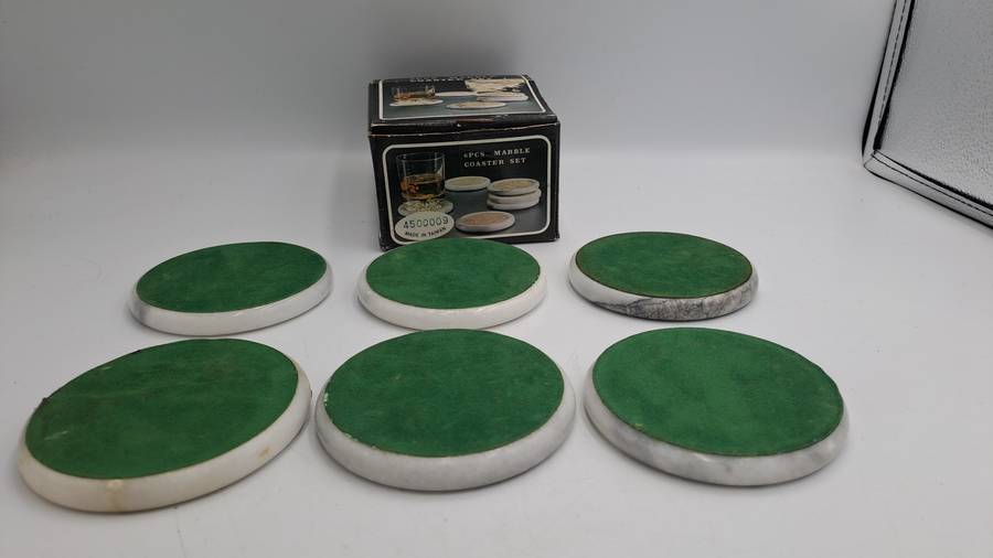 6 Vintage Marble Coasters -Boxed - One is cracked