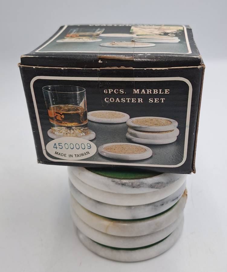 6 Vintage Marble Coasters -Boxed - One is cracked