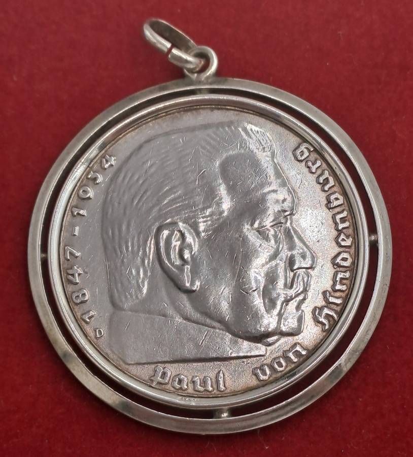 1939  Germany - .900 Silver - 5 Reichsmark Paul von Hindenburg-made into a pendant