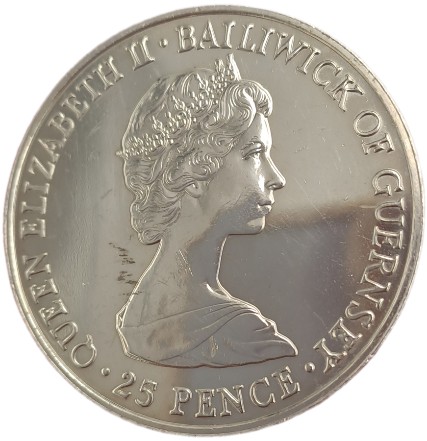 1980 United Kingdom 25 Pence - Guernsey  Elizabeth II Queen Mother Silver